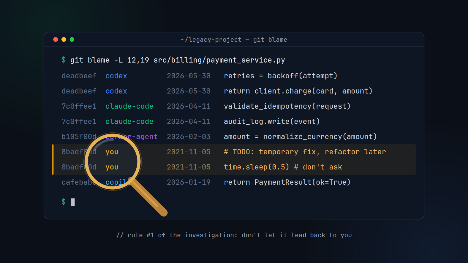 Terminal noir: the most suspicious line in the blame output still says author you.