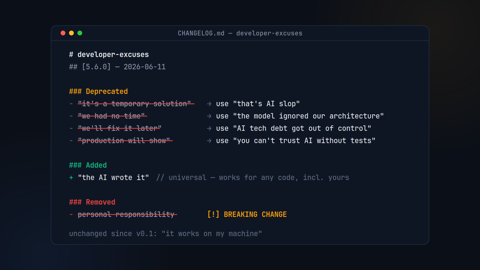 CHANGELOG developer excuses v5.6.0